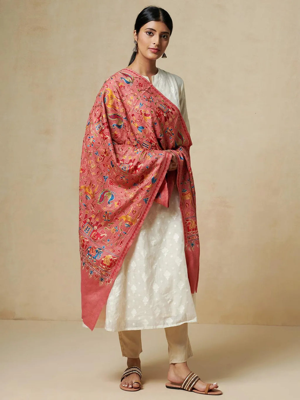 Chic Stole Wool Blend with Aari Embroidery Pattern in Pink