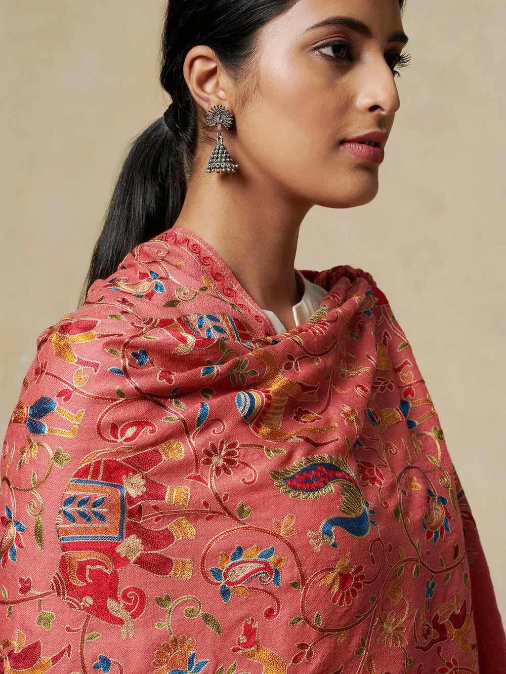Chic Stole Wool Blend with Aari Embroidery Pattern in Pink