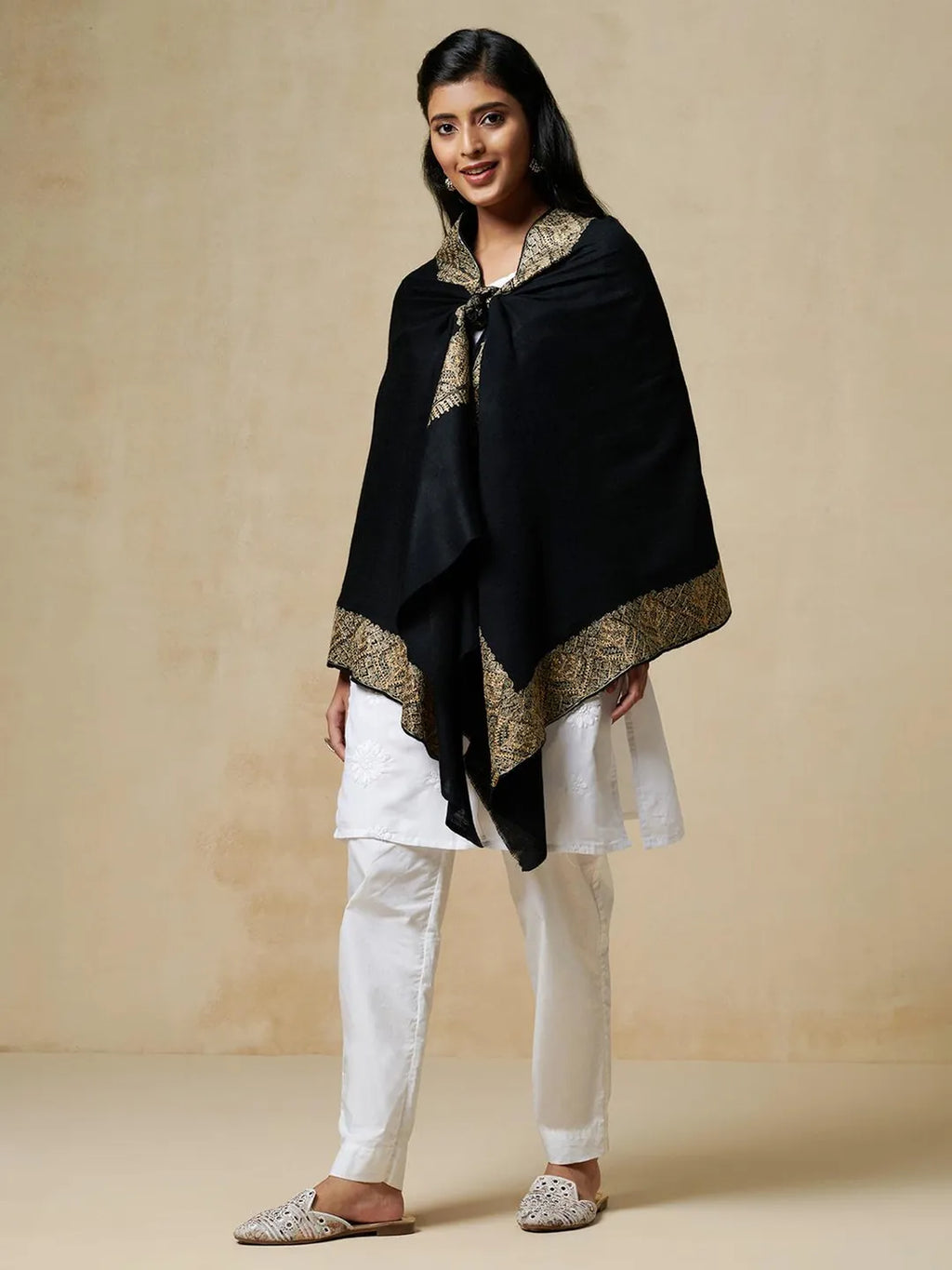 Chic Stole Wool Blend with Aari Embroidery Pattern in Black