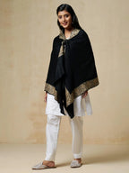Chic Stole Wool Blend with Aari Embroidery Pattern in Black