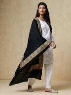 Chic Stole Wool Blend with Aari Embroidery Pattern in Black