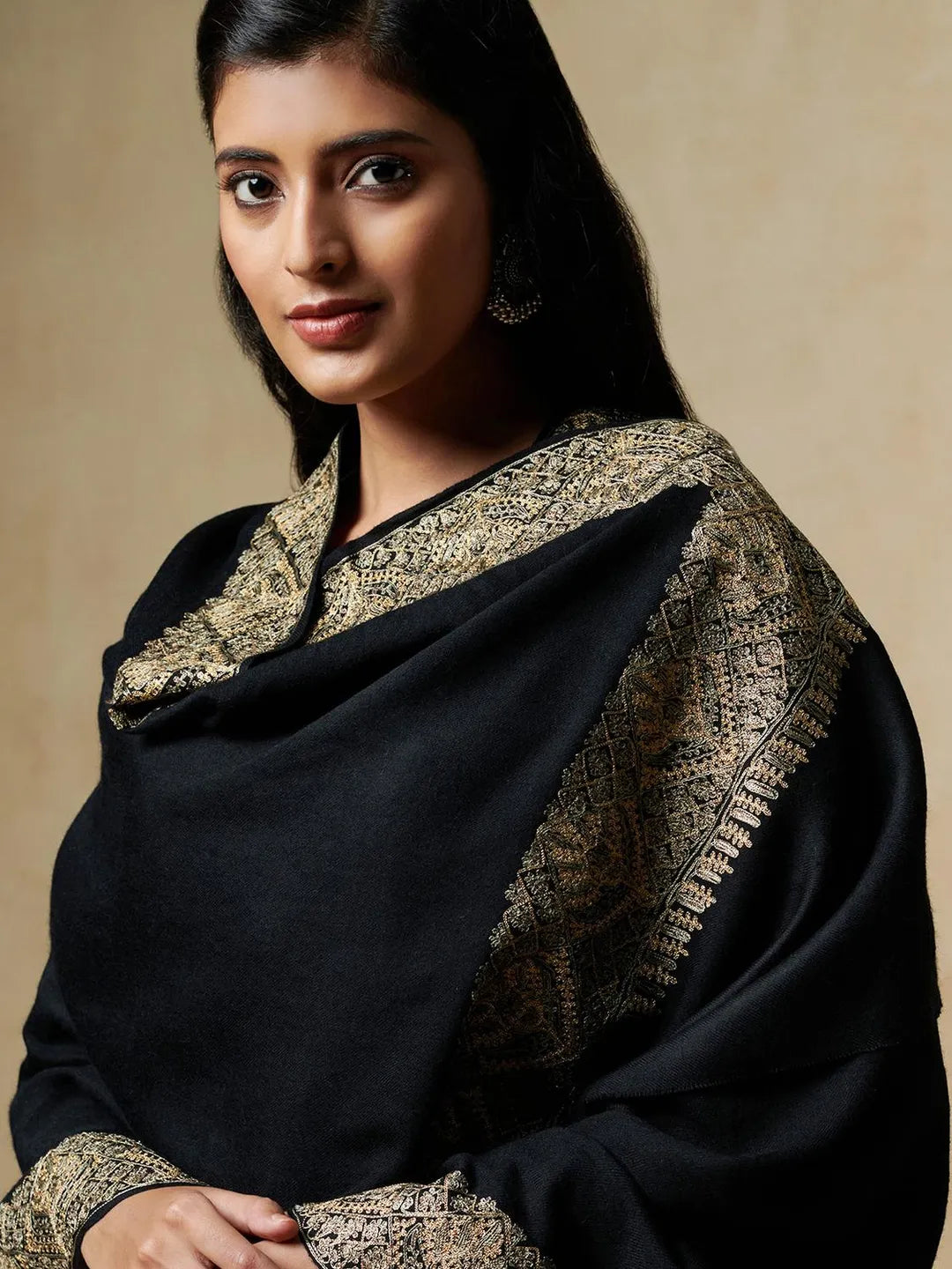 Chic Stole Wool Blend with Aari Embroidery Pattern in Black