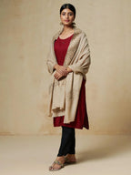 Elegant Stole Wool Blend with Aari Embroidery Pattern in Off- White