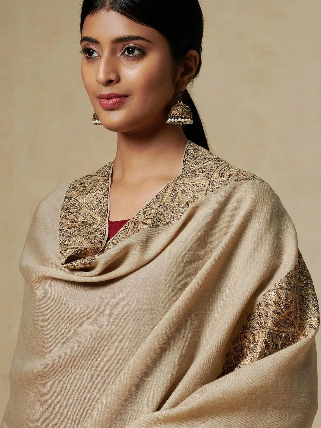 Elegant Stole Wool Blend with Aari Embroidery Pattern in Off- White
