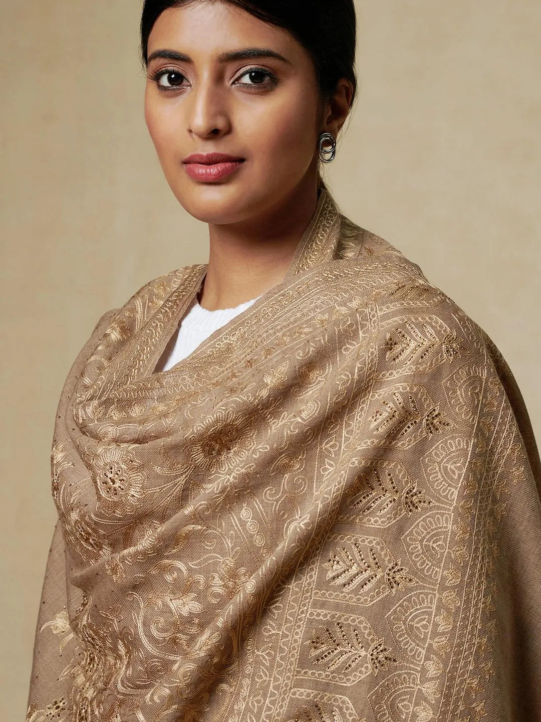 Elegant Stole Wool Blend with Aari Embroidery Pattern in Beige With Suble Golden Pattern
