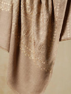 Elegant Stole Wool Blend with Aari Embroidery Pattern in Beige With Suble Golden Pattern