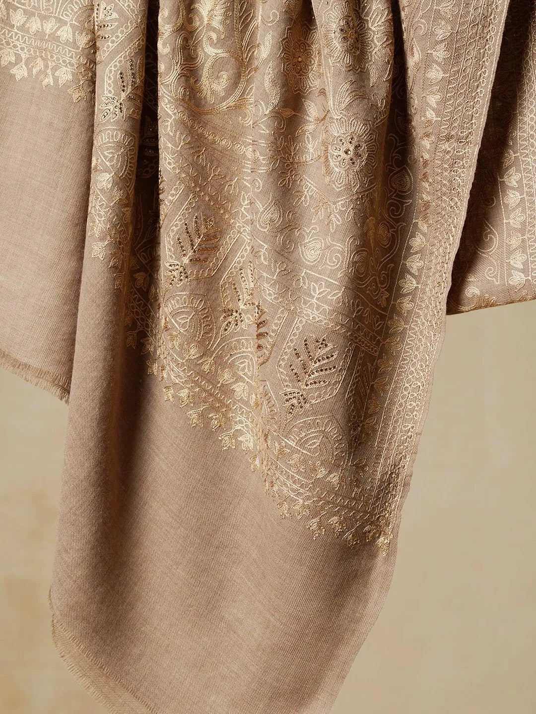 Elegant Stole Wool Blend with Aari Embroidery Pattern in Beige With Suble Golden Pattern