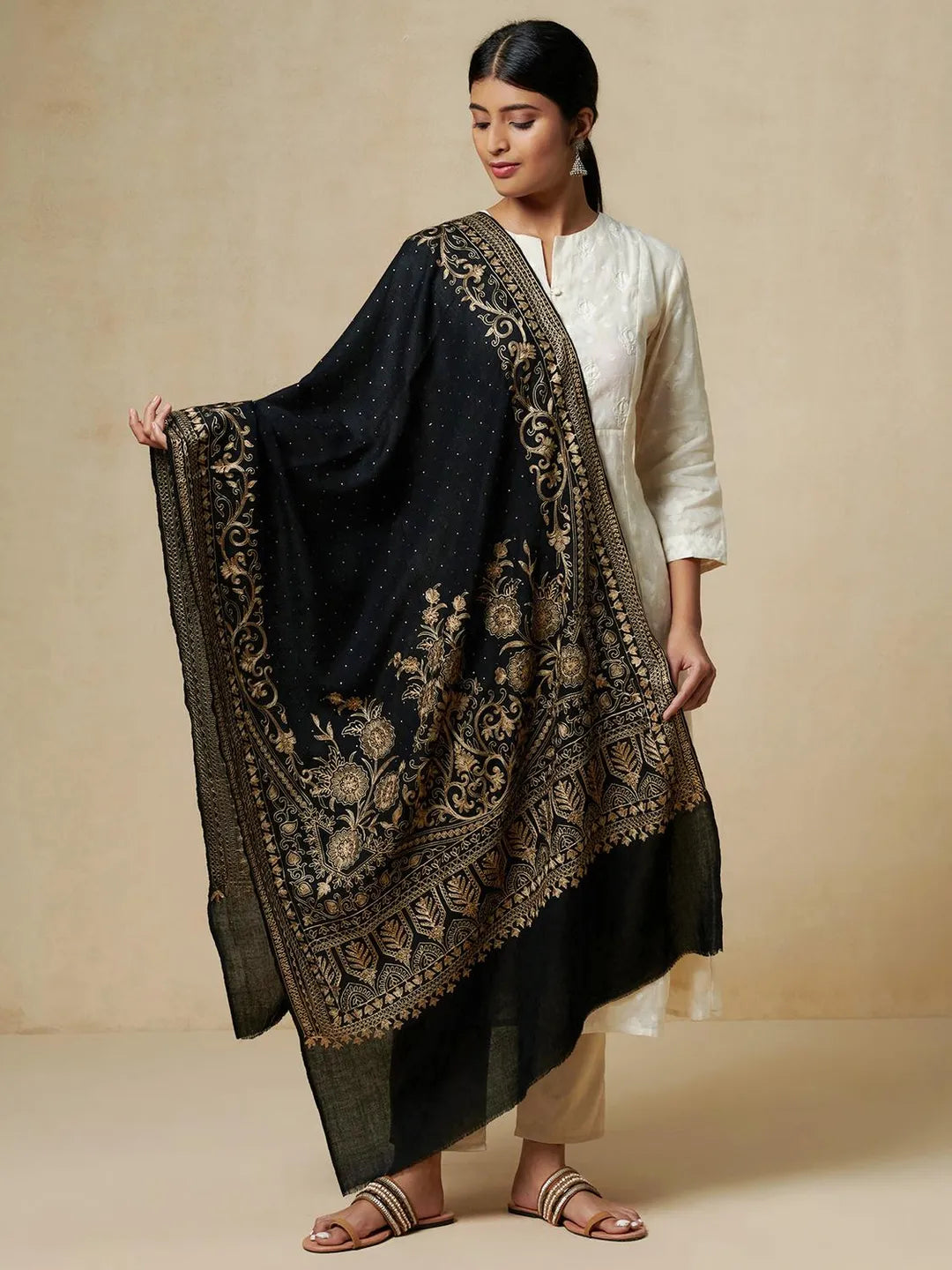 Chic Stole Wool Blend with Aari Embroidery Pattern in Black