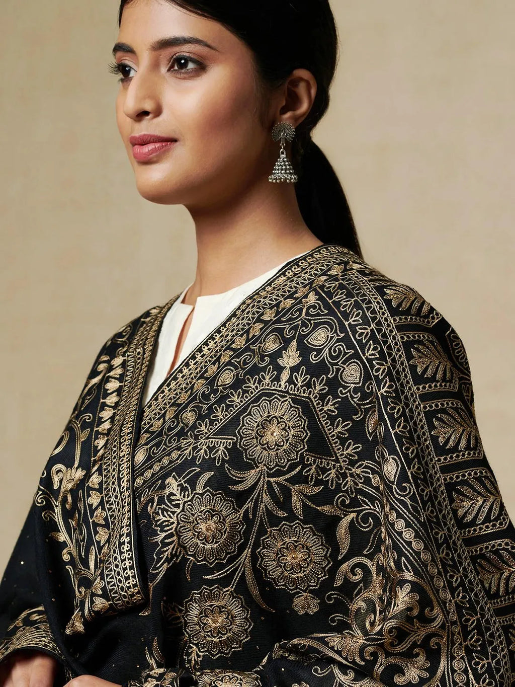 Chic Stole Wool Blend with Aari Embroidery Pattern in Black