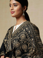 Chic Stole Wool Blend with Aari Embroidery Pattern in Black