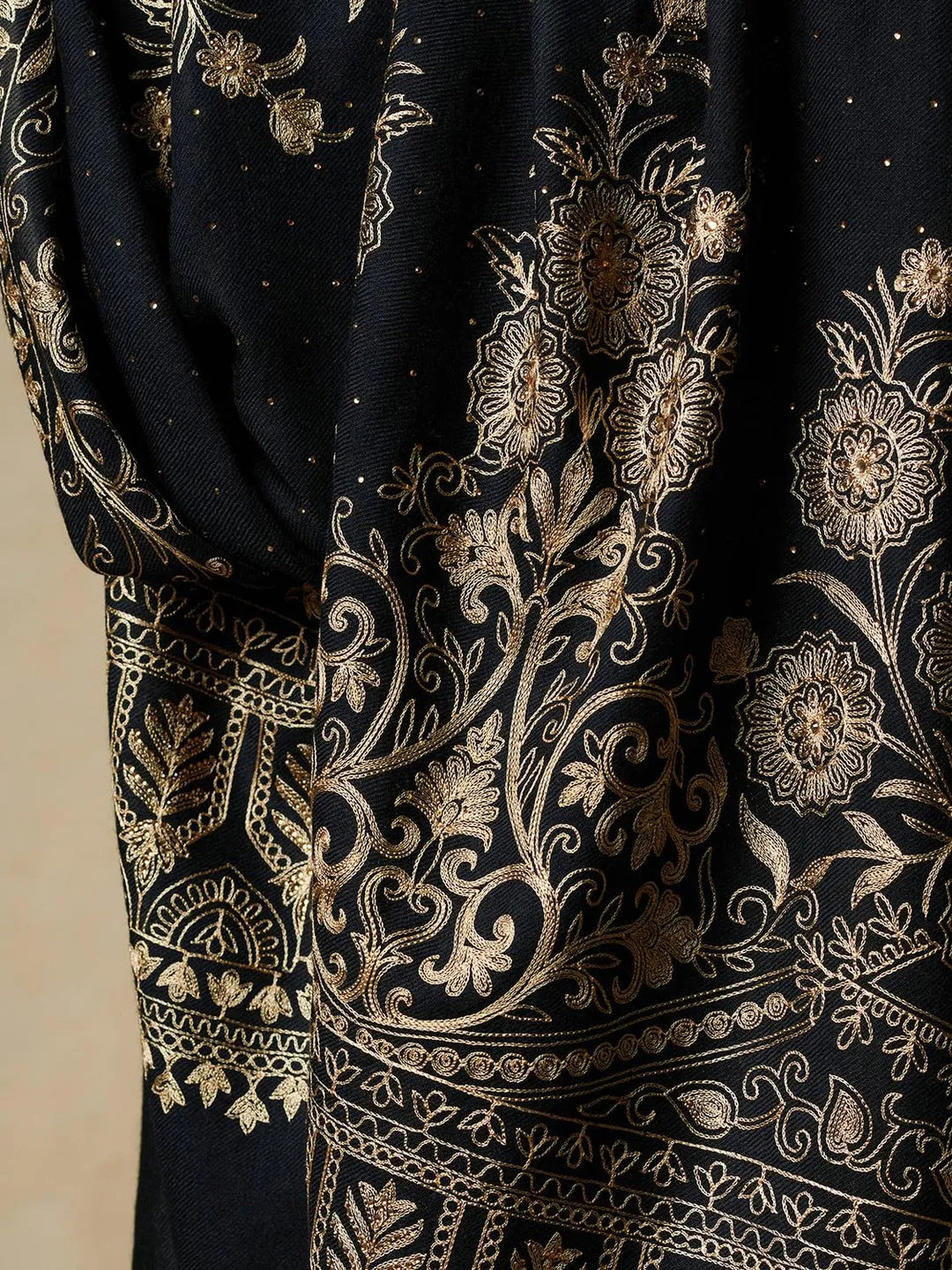 Chic Stole Wool Blend with Aari Embroidery Pattern in Black
