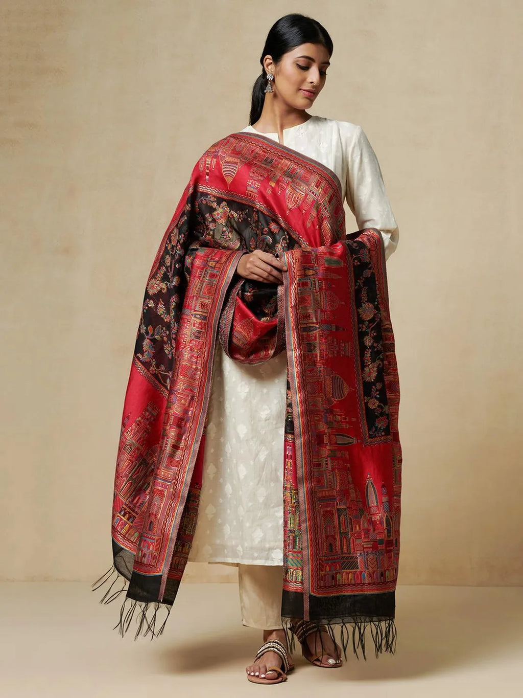 Elegant Silk Dupatta Silken Texture in Red & Black