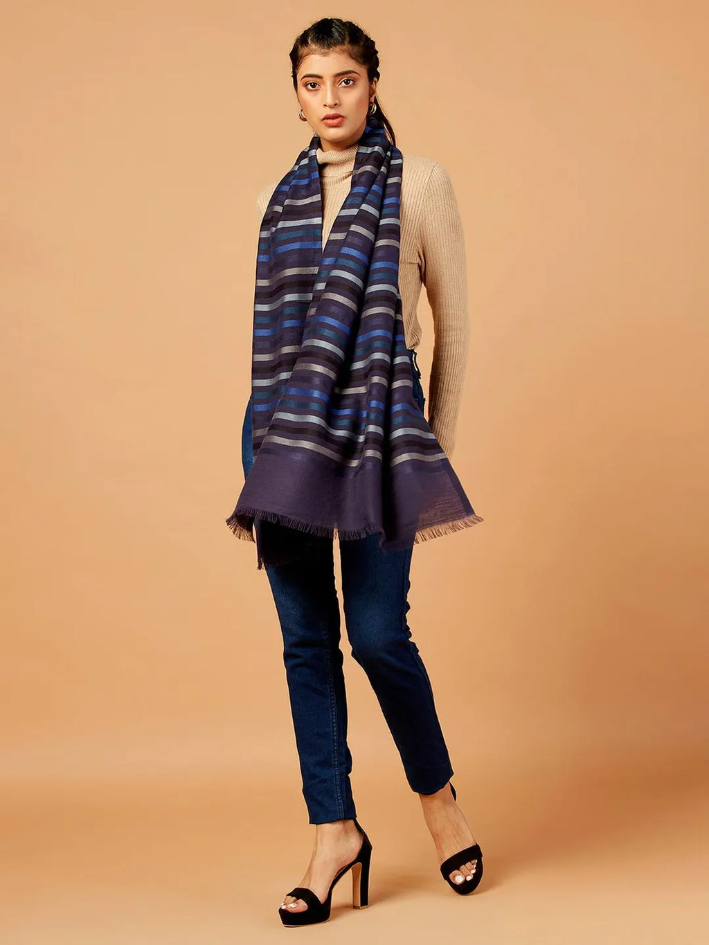 Elegant Stole Wool Blend with Dobby Pattern in Deep Indigo