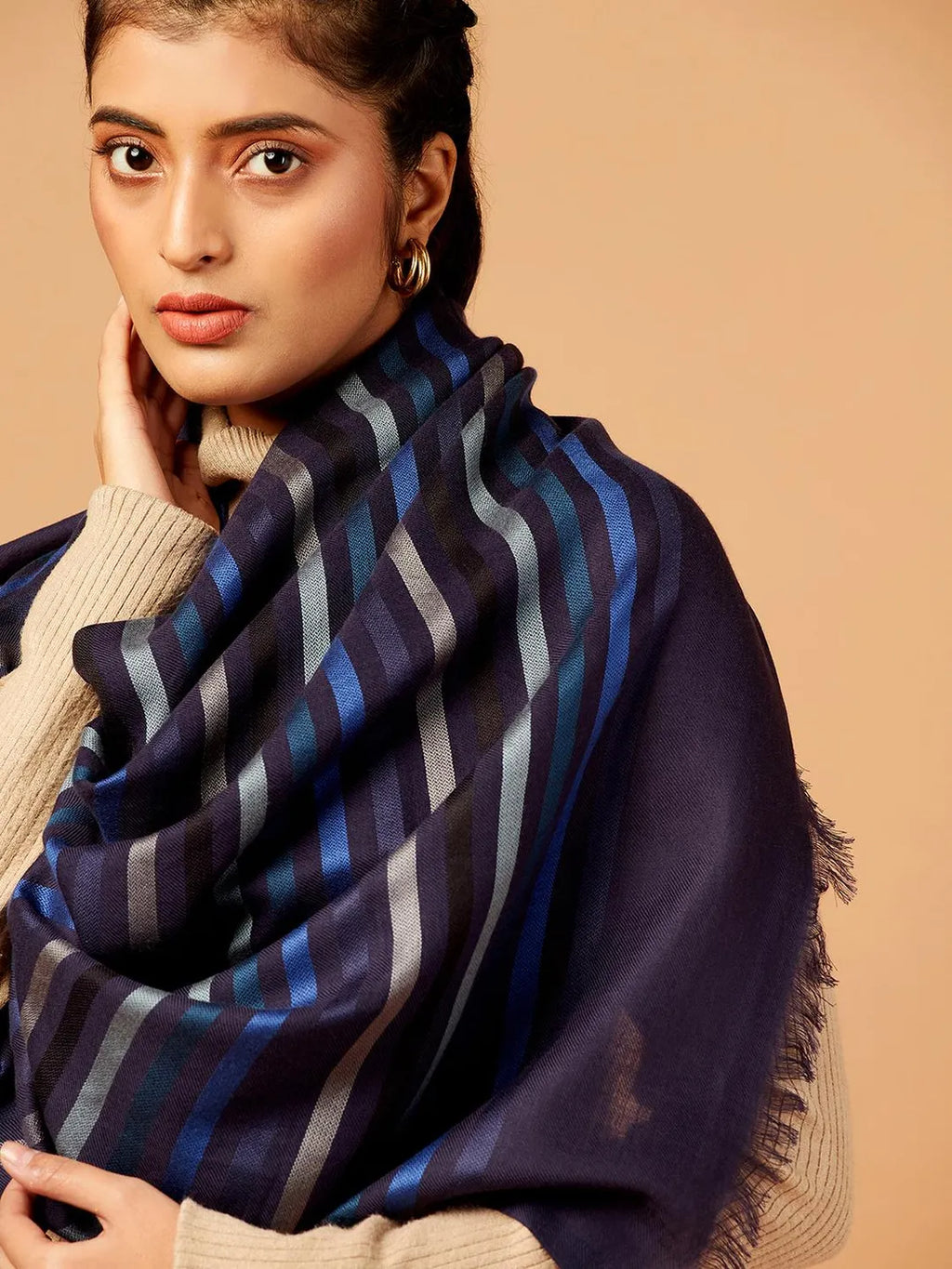 Elegant Stole Wool Blend with Dobby Pattern in Deep Indigo