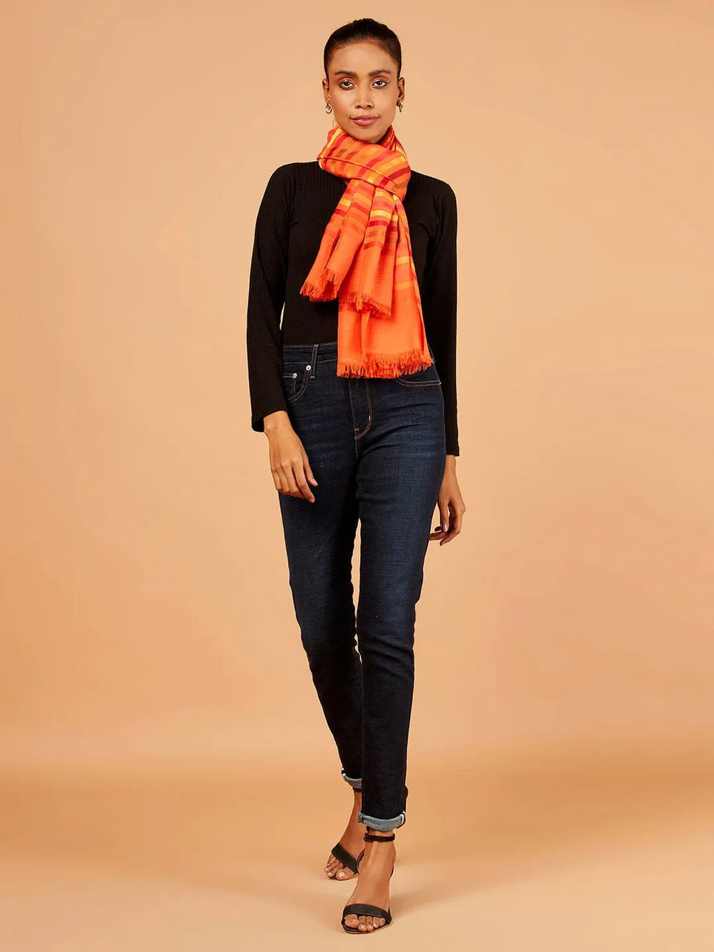 Elegant Stole Wool Blend with Dobby Pattern in Orange