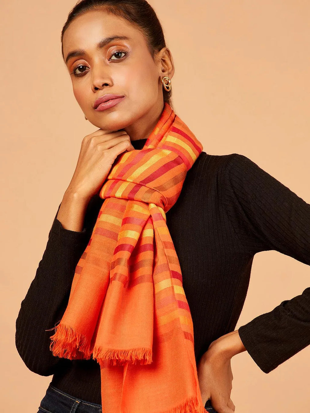 Elegant Stole Wool Blend with Dobby Pattern in Orange