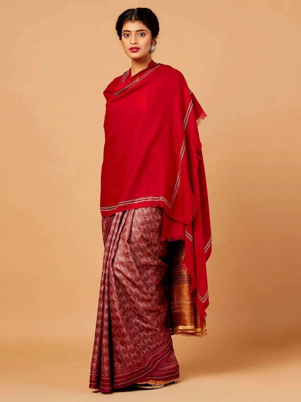 Elegant Stole Wool Blend with Dobby Pattern in Maroon