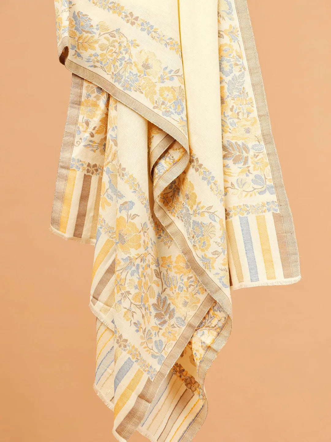 Elegant Stole Wool Blend with Jacquard Pattern in White