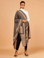 Elegant Stole Wool Blend with Jacquard Pattern in Medium Brown & Beige
