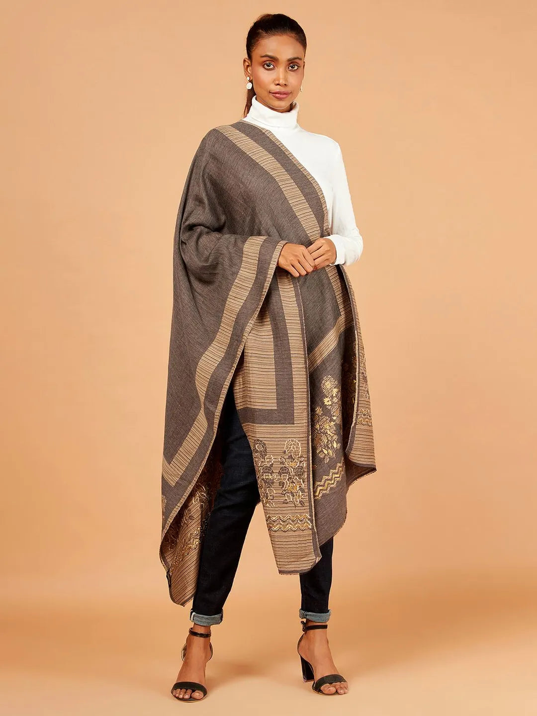 Elegant Stole Wool Blend with Jacquard Pattern in Medium Brown & Beige