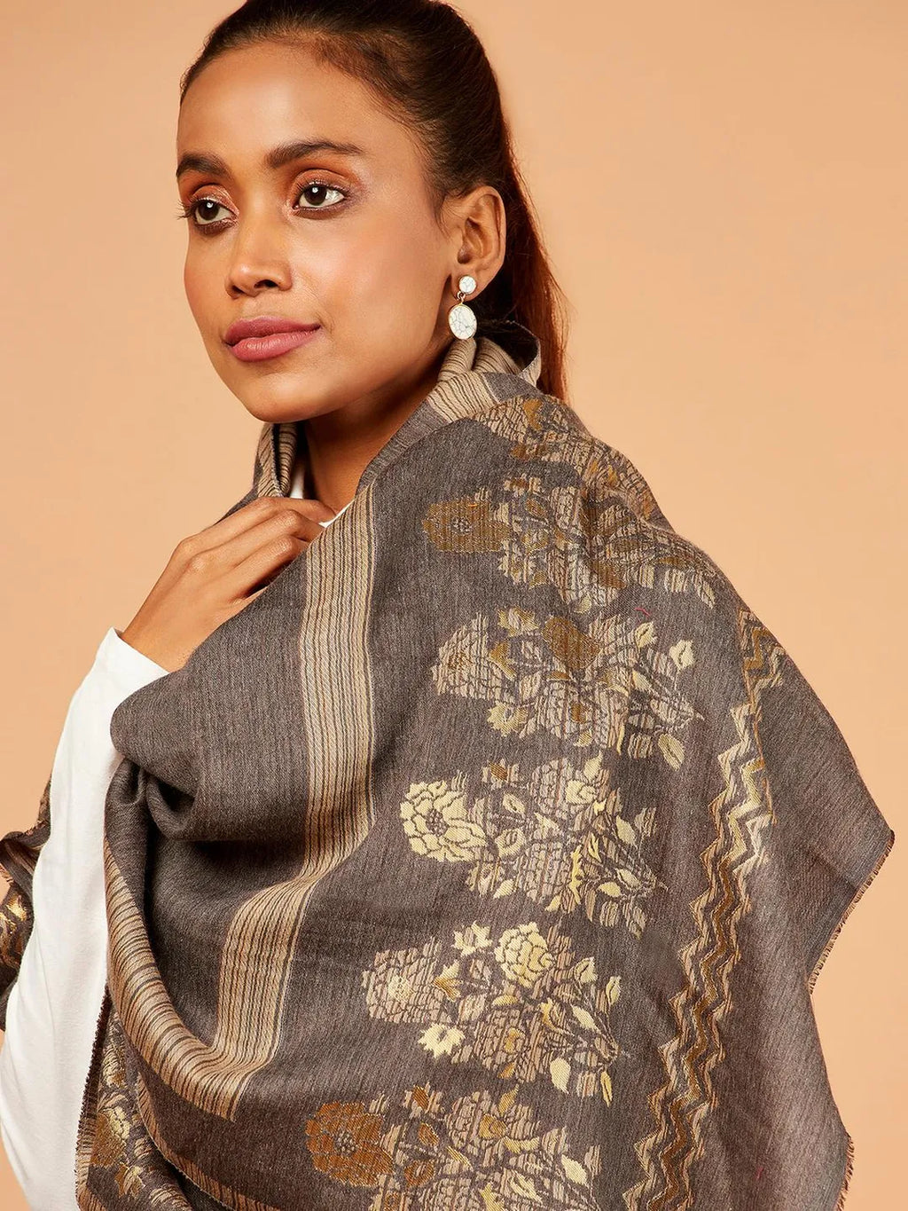 Elegant Stole Wool Blend with Jacquard Pattern in Medium Brown & Beige