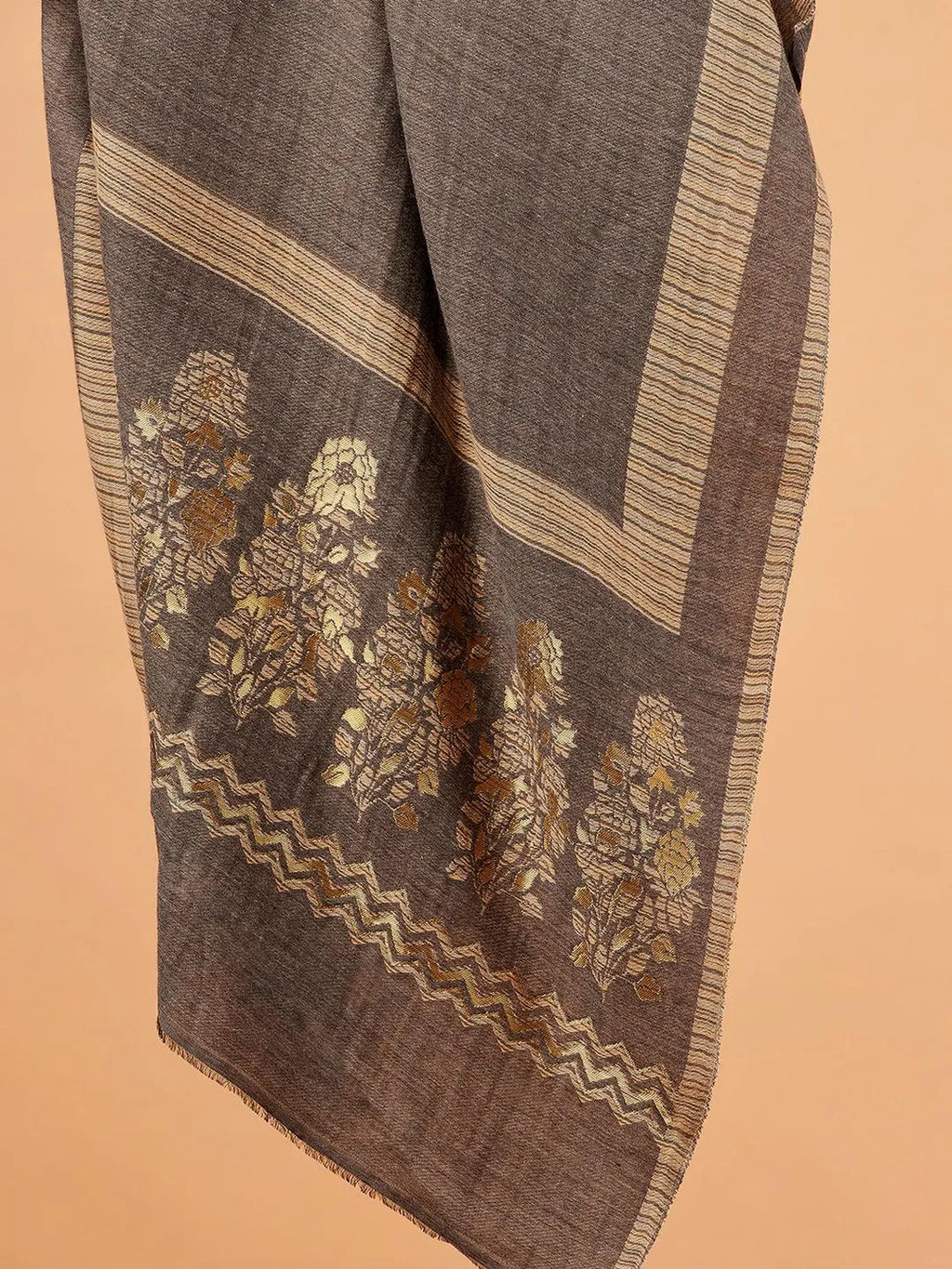 Elegant Stole Wool Blend with Jacquard Pattern in Medium Brown & Beige