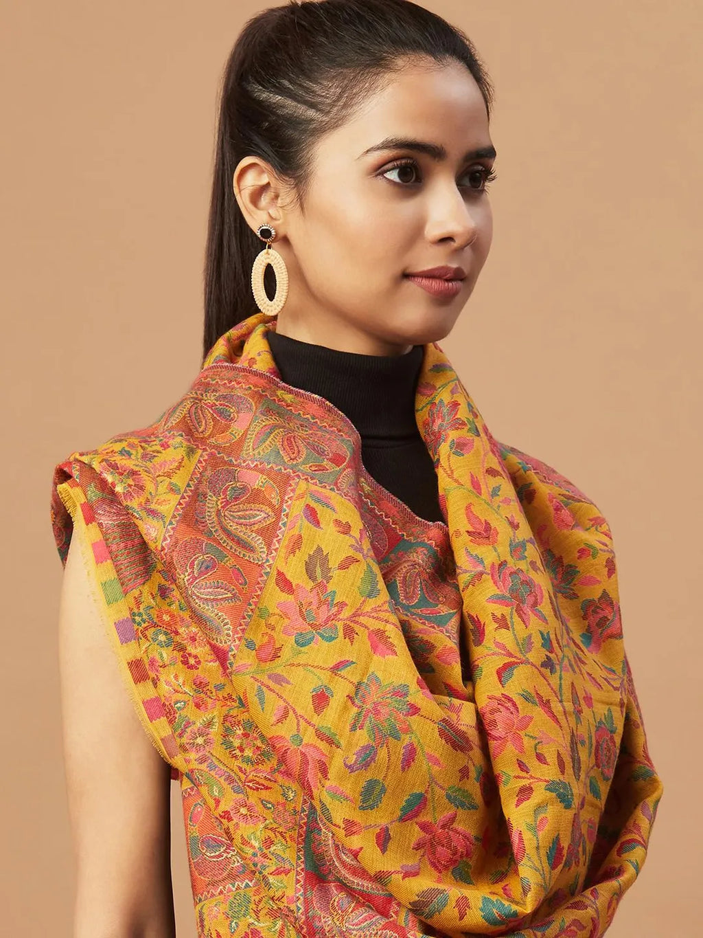 Chic Stole Wool Blend with Jacquard Pattern in Musturd Yellow
