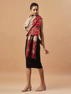 Elegant Stole Wool Blend with Jacquard Pattern in Cream & Red