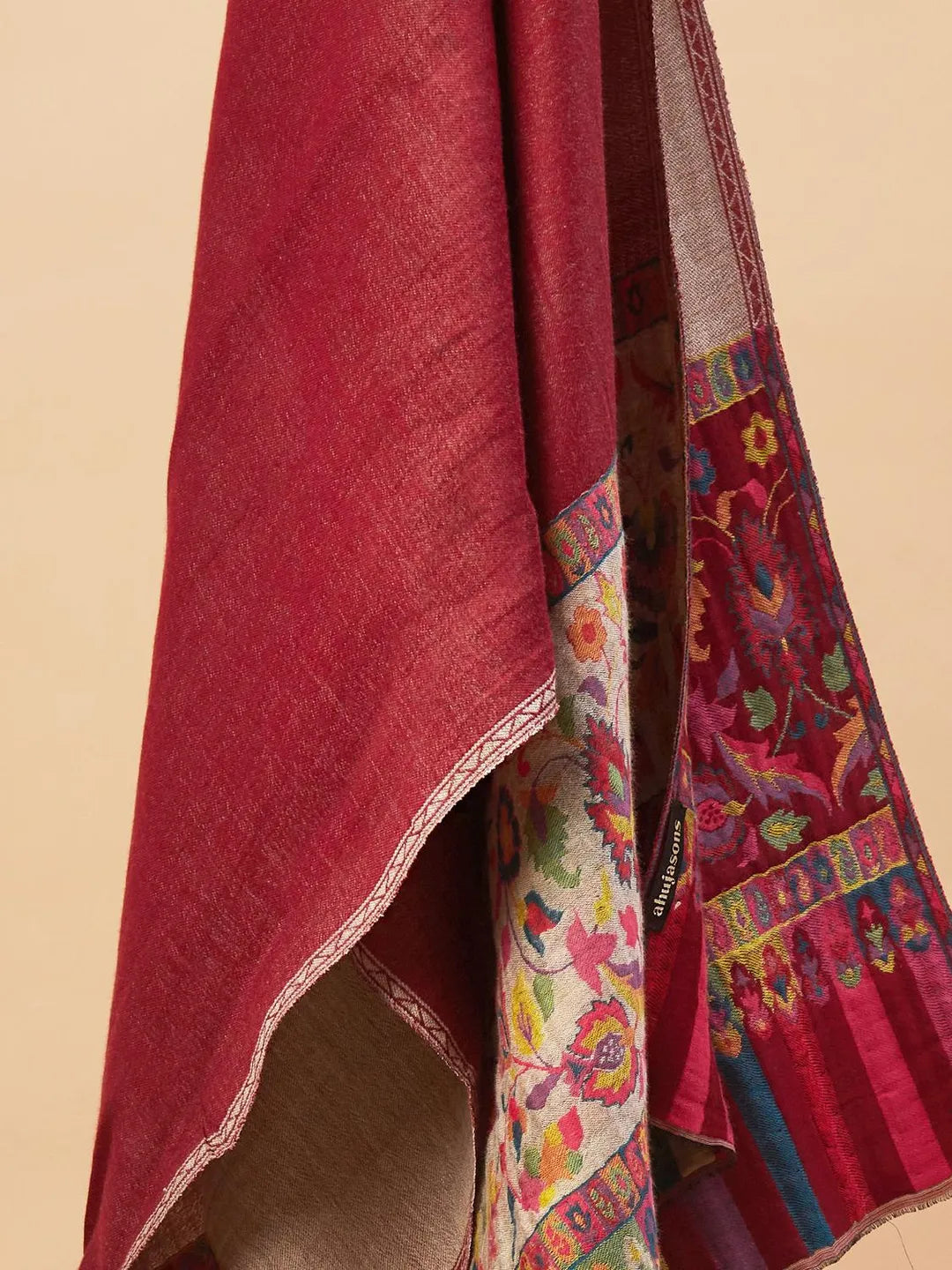 Elegant Stole Wool Blend with Jacquard Pattern in Cream & Red