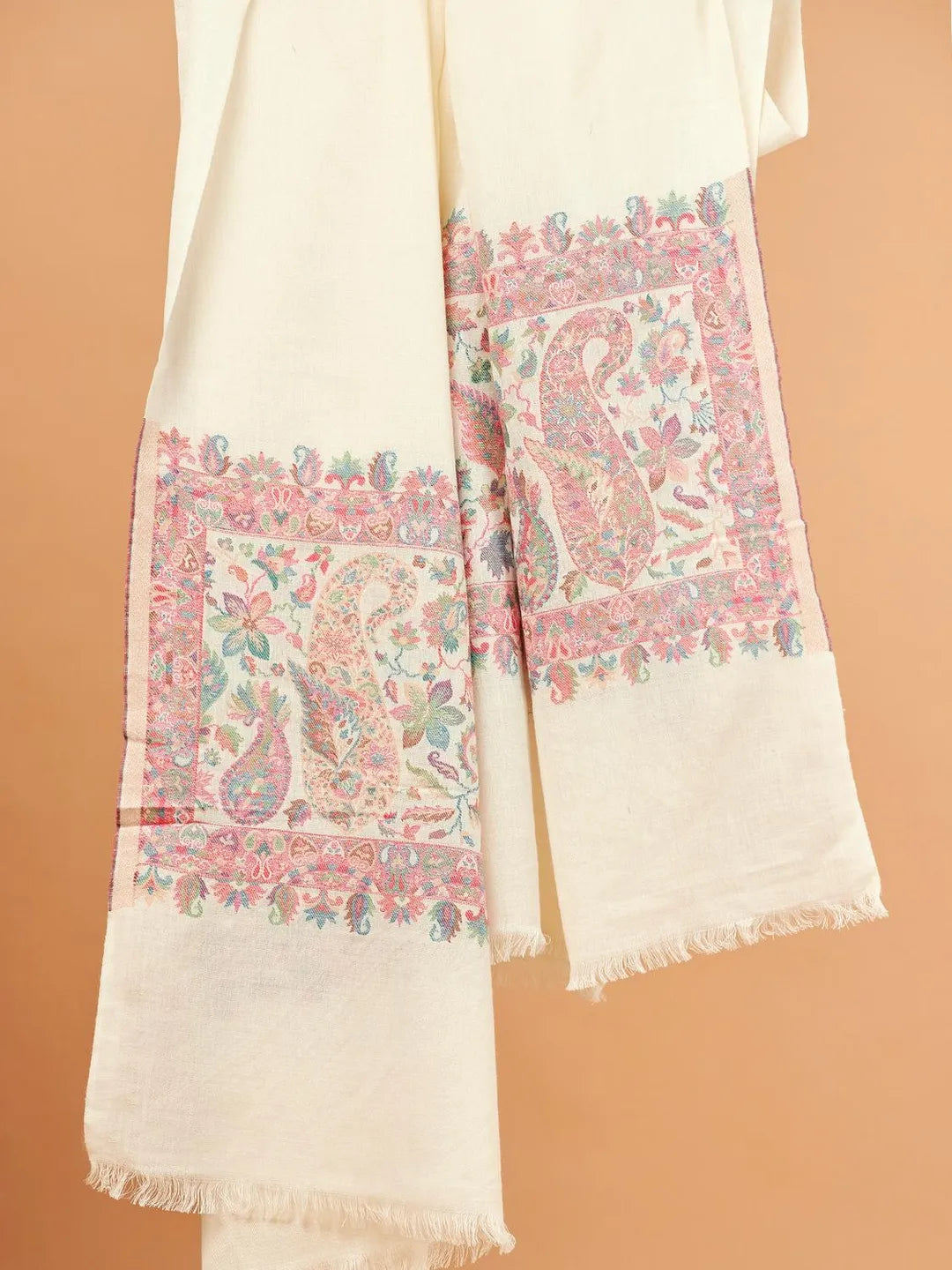 Elegant Stole Wool Blend with Palla Pattern in White
