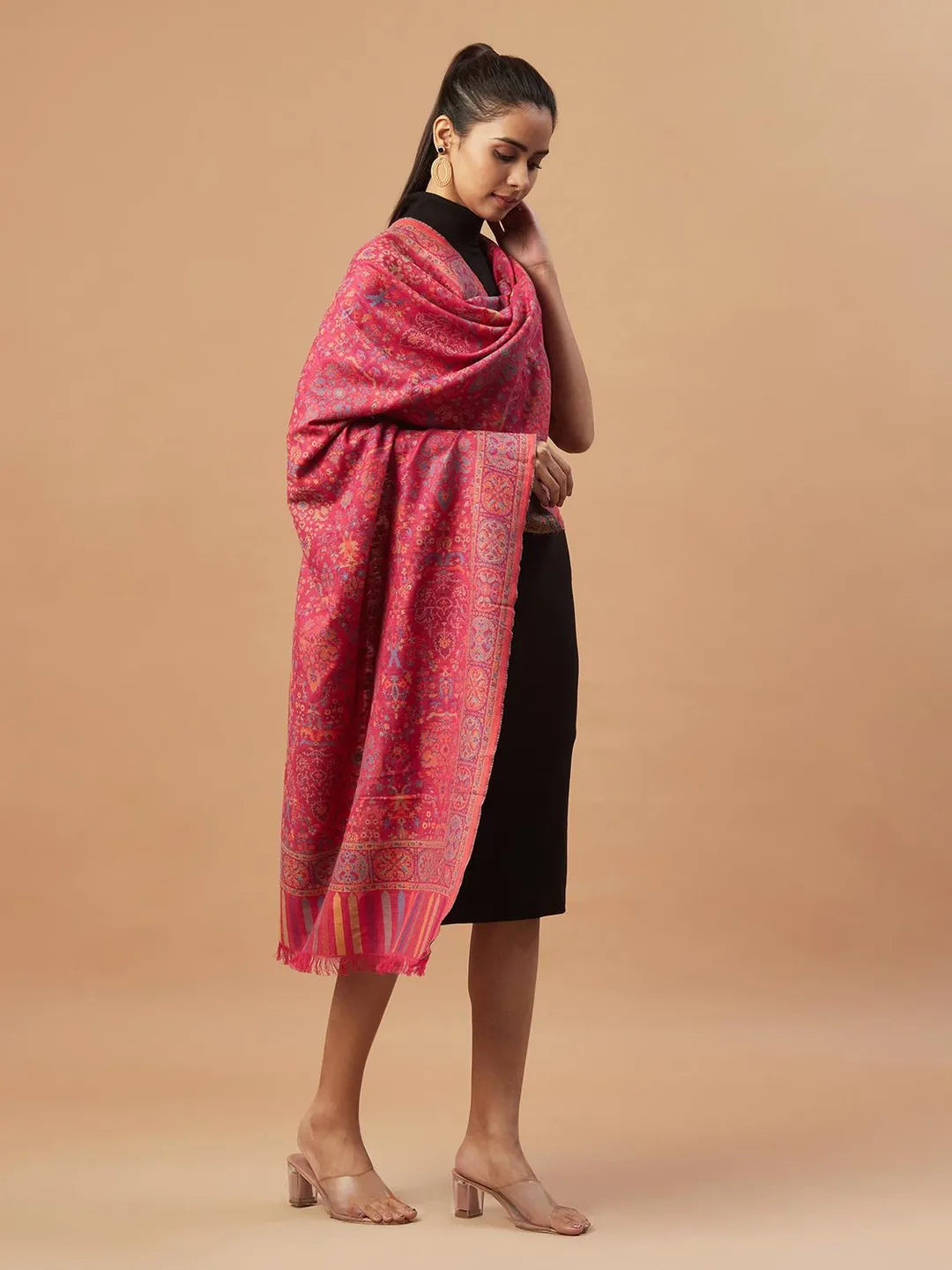 Chic Stole Wool Blend with Jaal Pattern in Lotus Pink