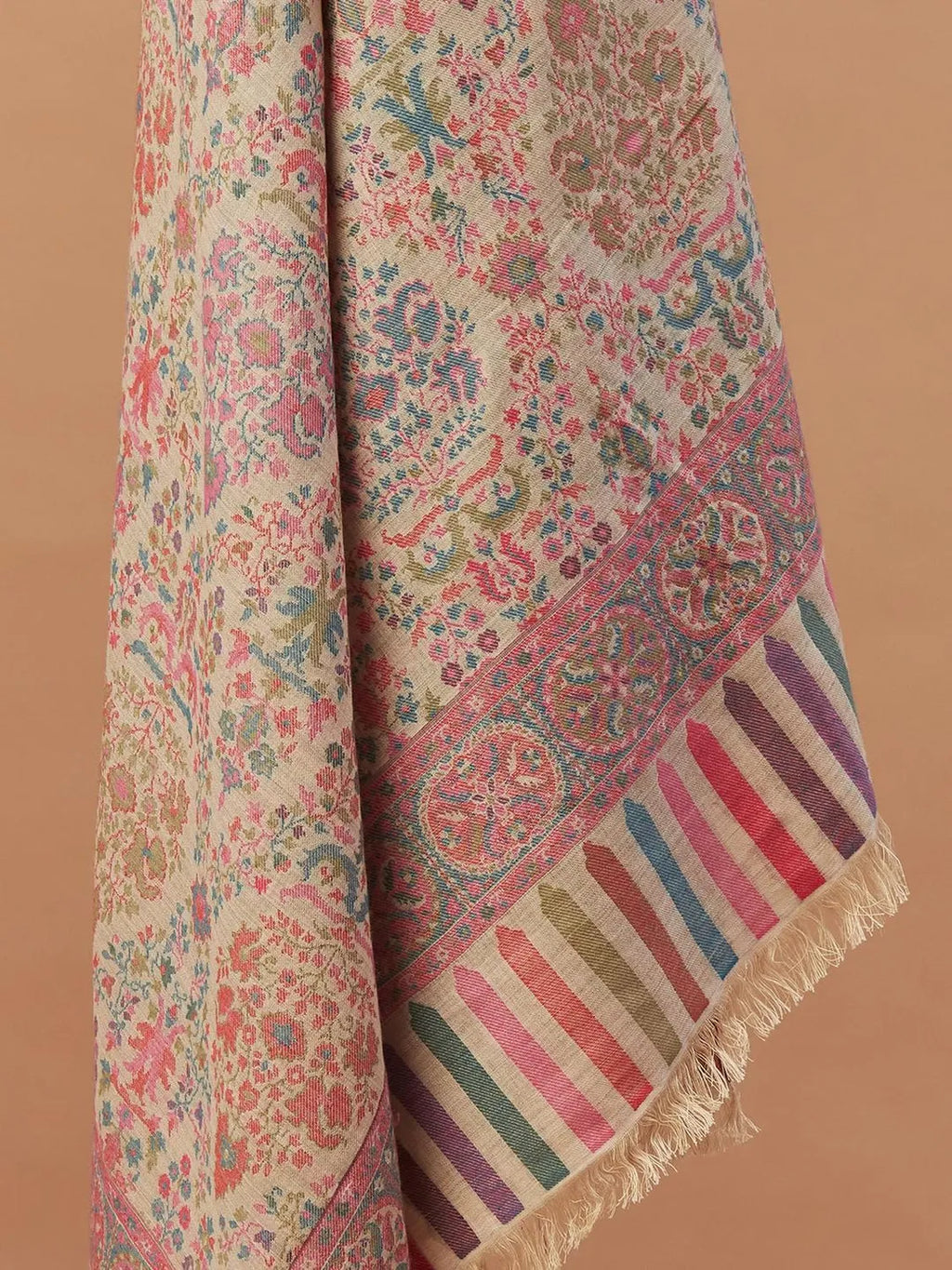 Elegant Stole Wool Blend with Jaal Pattern in Multi