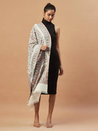Elegant Stole Wool Blend with Jaal Pattern in Off- White & Multi
