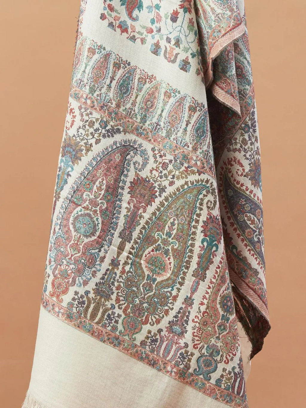 Elegant Stole Wool Blend with Jaal Pattern in Off- White & Multi