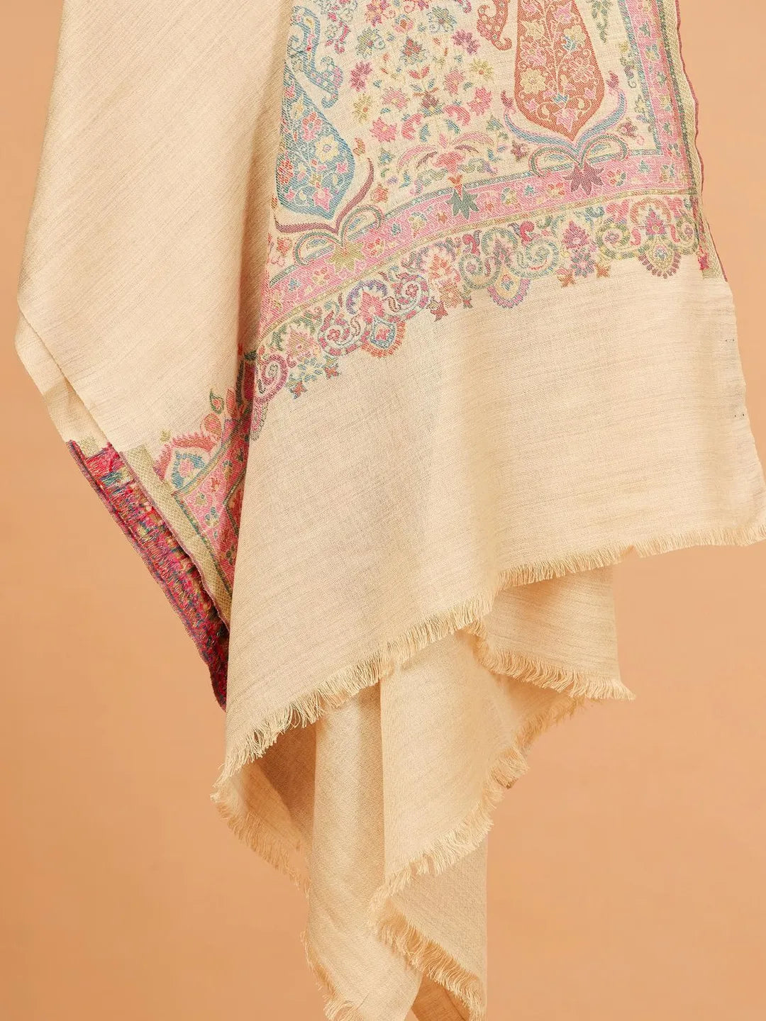 Elegant Stole Wool Blend with Palla With Zari Pattern in Off White