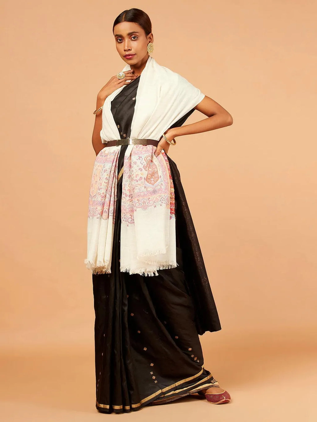 Classic Shawl Wool Blend with Palla With Zari Pattern in White