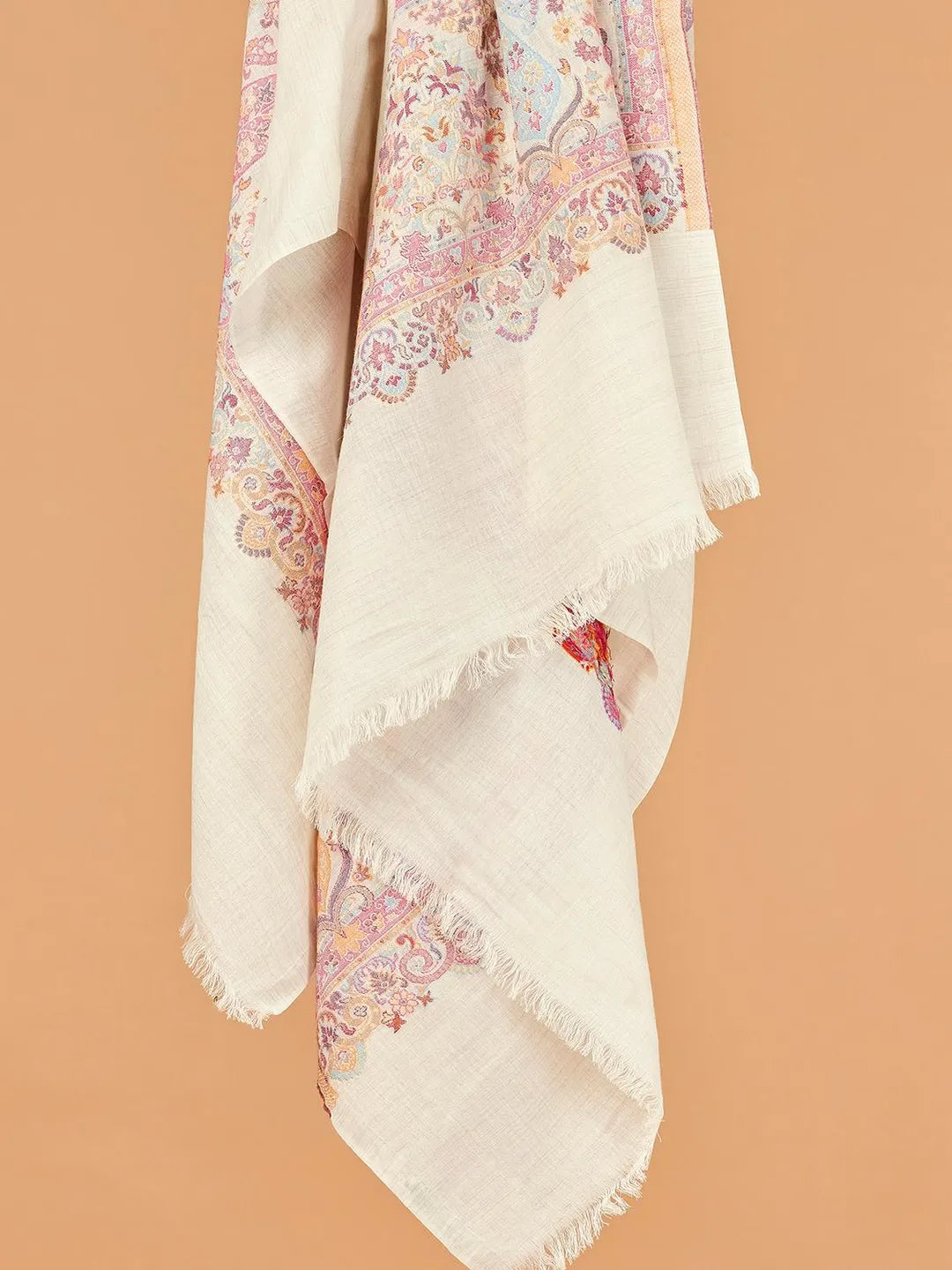 Classic Shawl Wool Blend with Palla With Zari Pattern in White