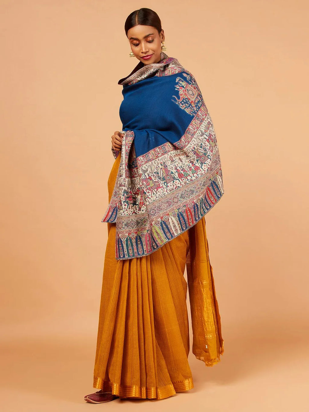 Classic Shawl Wool Blend with Jacquard Pattern in Blue