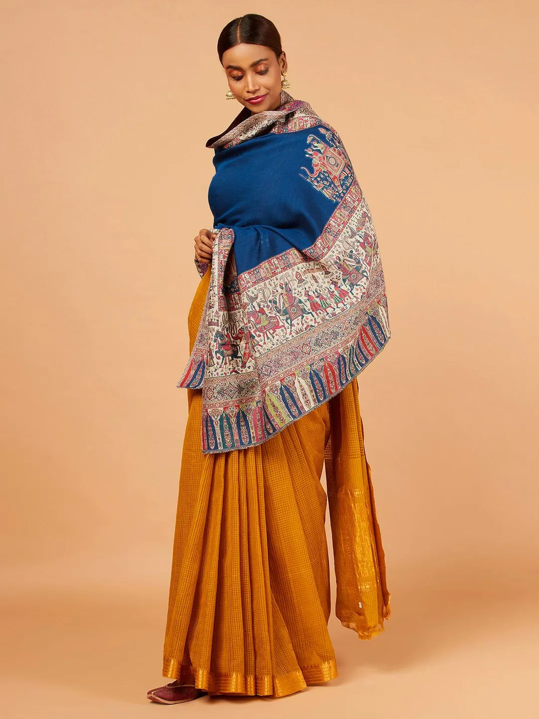 Classic Shawl Wool Blend with Jacquard Pattern in Blue