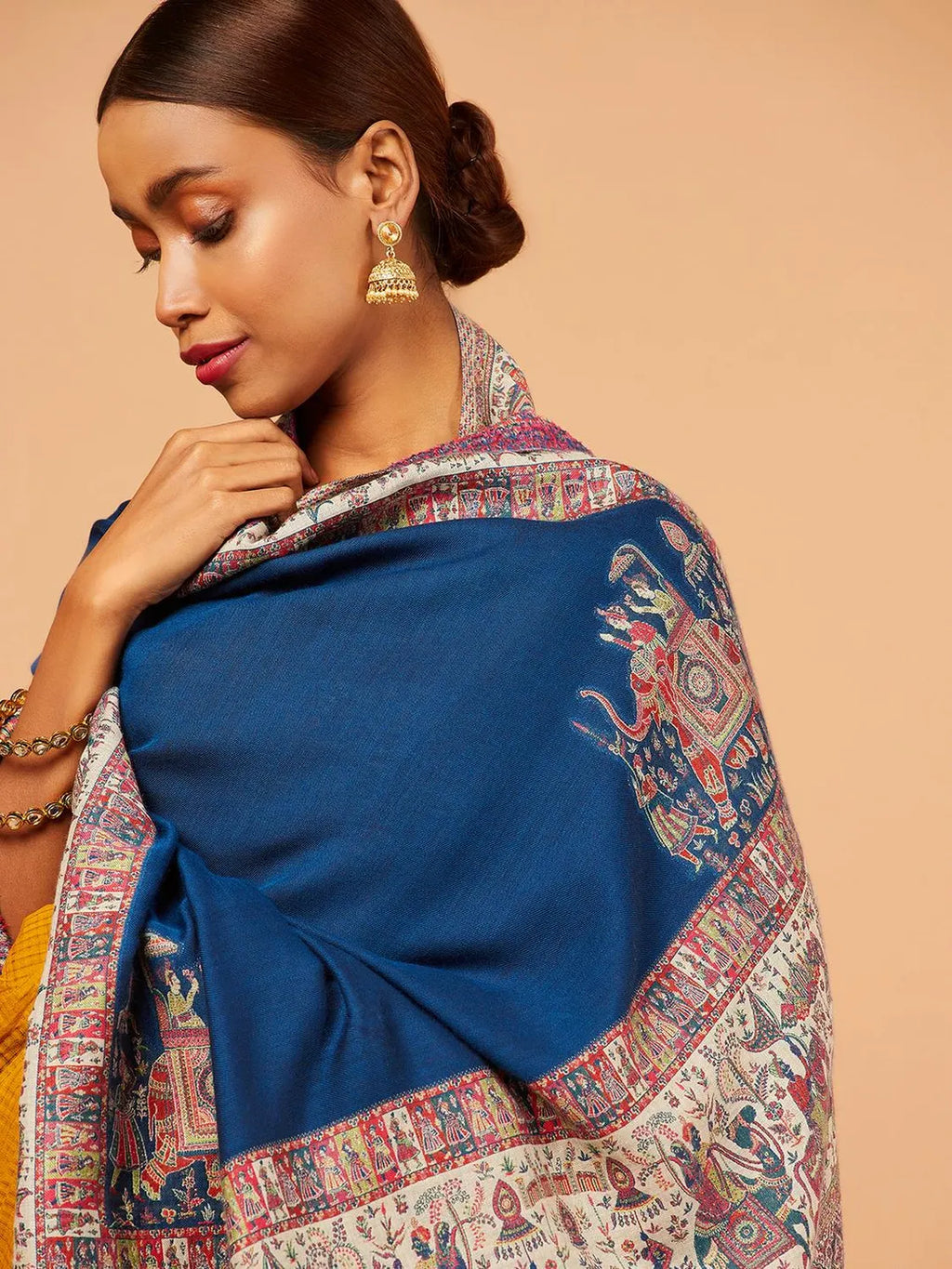 Classic Shawl Wool Blend with Jacquard Pattern in Blue