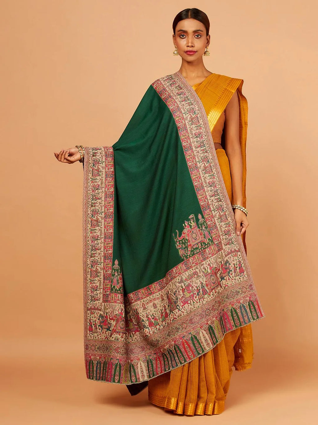 Elegant Shawl Wool Blend with Jacquard Pattern in Green