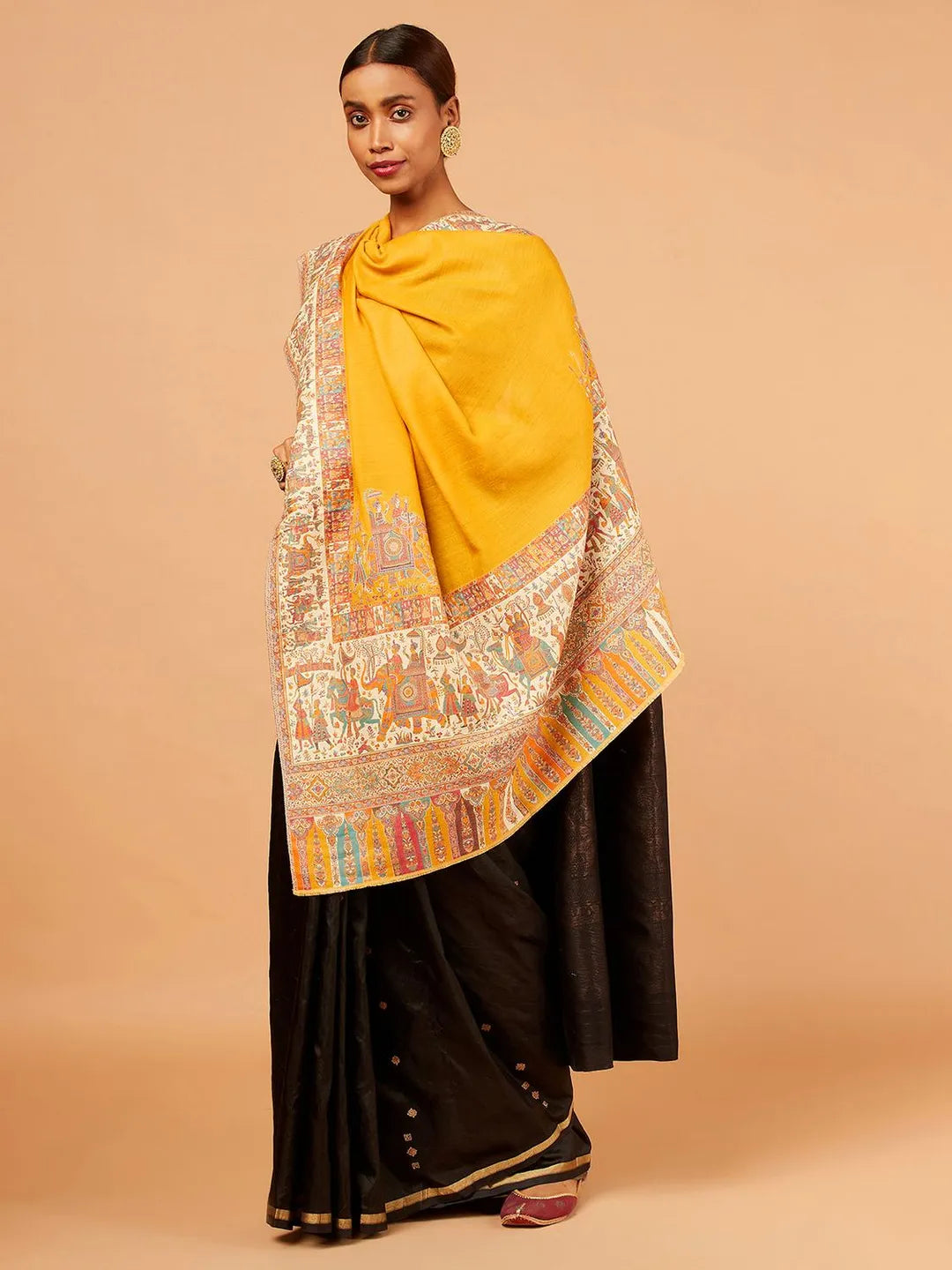 Classic Shawl Wool Blend with Jacquard Pattern in Yellow