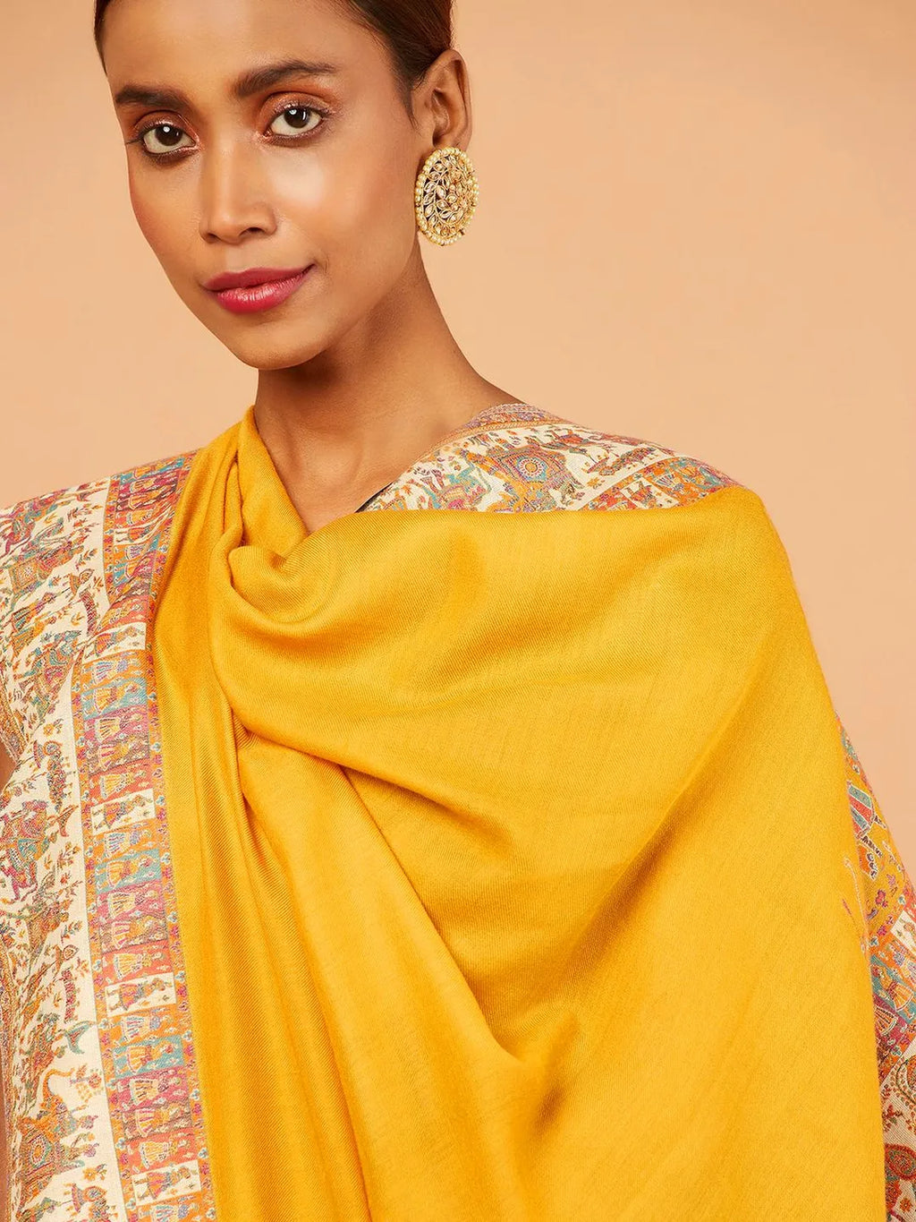 Classic Shawl Wool Blend with Jacquard Pattern in Yellow
