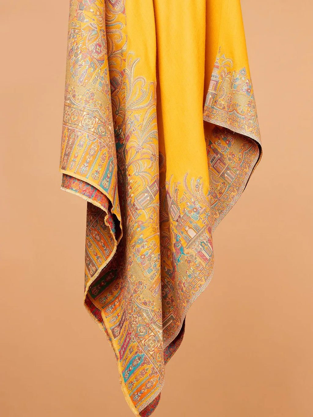 Elegant Shawl Wool Blend with Jacquard Pattern in Yellow