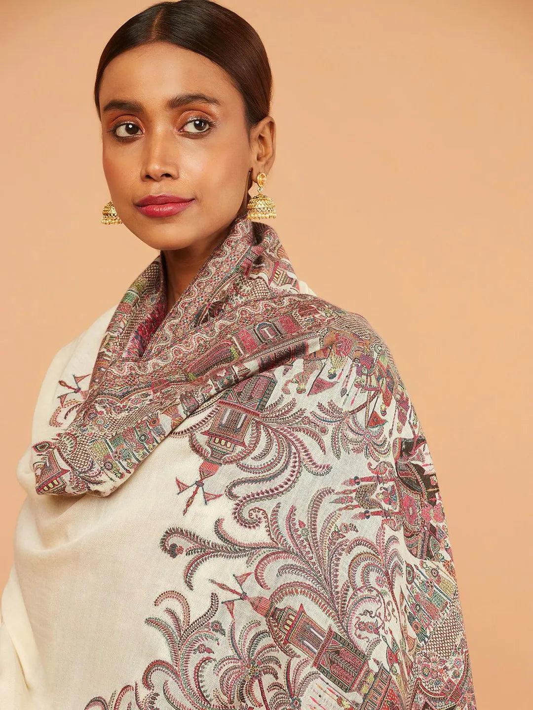 Classic Shawl Wool Blend with Jacquard Pattern in White