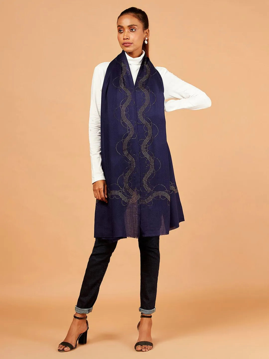 Chic Stole Wool Blend with Aari Embroidery Pattern in Blue