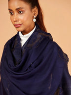 Chic Stole Wool Blend with Aari Embroidery Pattern in Blue