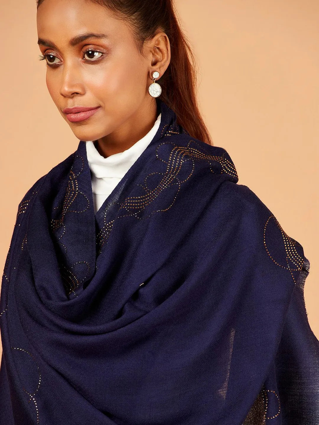 Chic Stole Wool Blend with Aari Embroidery Pattern in Blue