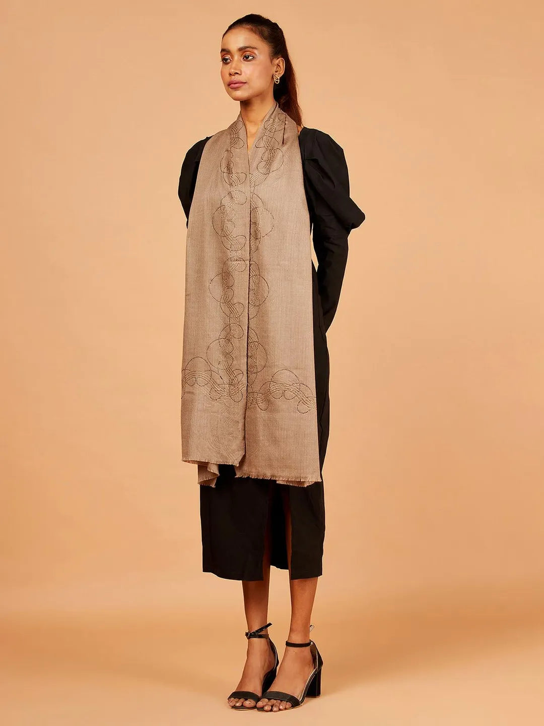 Chic Stole Wool Blend with Aari Embroidery Pattern in Beige