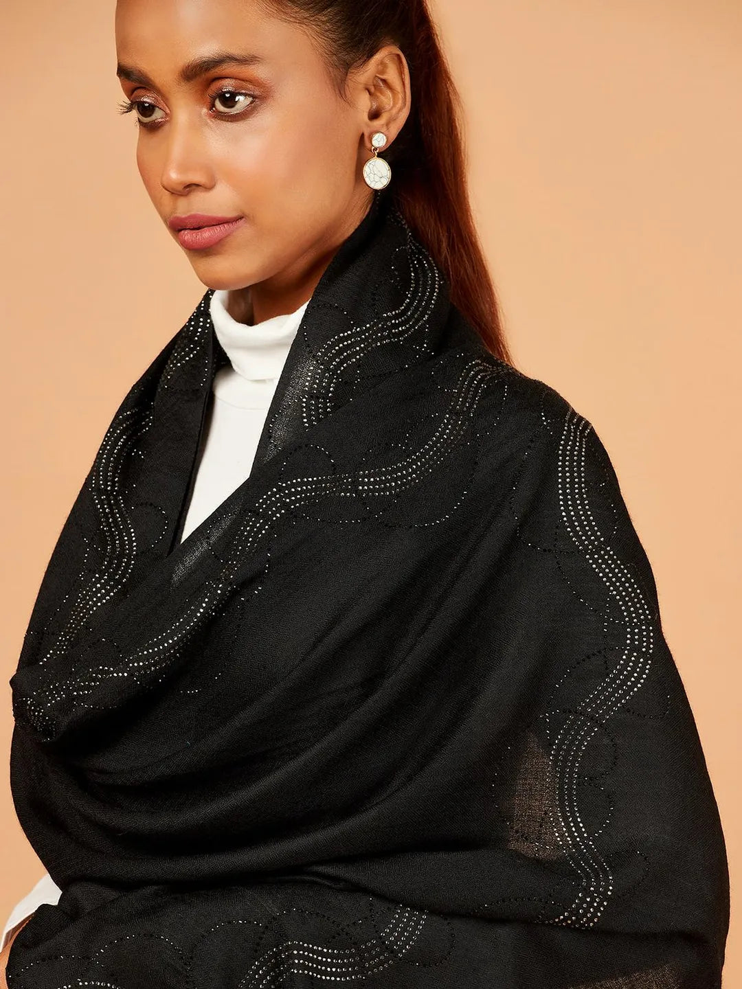 Elegant Stole Wool Blend with Aari Embroidery Pattern in Black